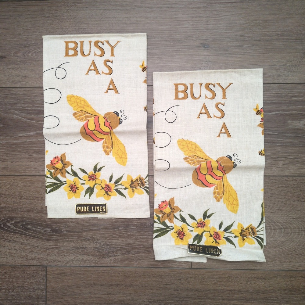 Vtg Pure Linen Busy As A Bee Tea Towels Yellow Daffodil Retro Set of 2 NOS NEW